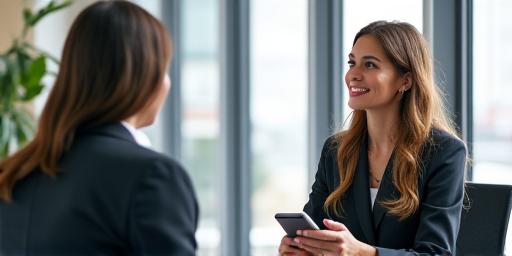 Two professionals engaged in a mock interview in an office setting.